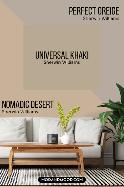 Sherwin Williams Univeral Khaki compared to a warmer beige (Nomadic Desert) and a taupe (Perfect Greige).