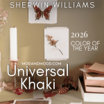 Graphic reads Sherwin Williams Universal Khaki 2026 color of the year. Background is Universal Khaki showing its different undertones behind a counter with books and neutral decor. A print of a butterfly and one of a plant are taped to the wall.