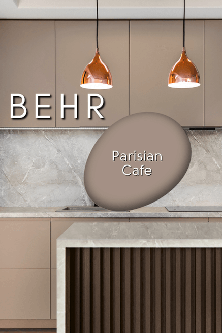 Swatch of Behr Parisian Cafe over the same color on wall cabinets and a chocolate brown island.