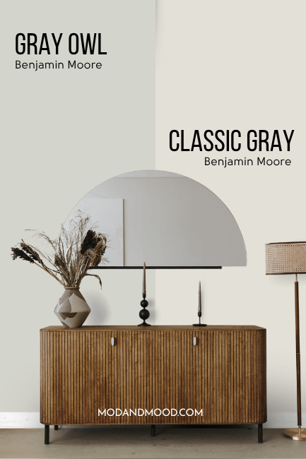 Benjamin Moore Gray Owl on half of a wall and Classic Gray on the other half behind a hall table