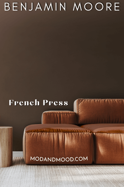 Benjamin Moore French Press on a living room wall behind a camel colored leather sofa.