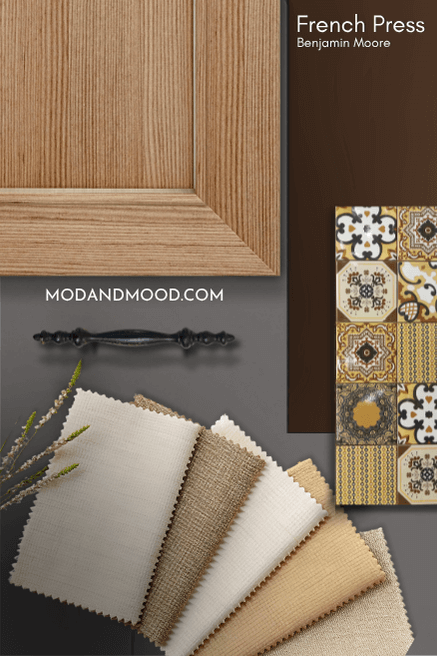 Collage of brown and beige decor including a large swatch of Benjamin Moore French Press.
