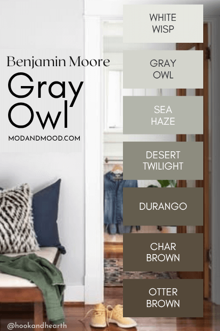 The Gray Owl color strip features colors from light to dark: White Wisp, Gray Owl, Sea Haze, desert Twilight, Durango, Char Brown, and Otter Brown, over a background of Gray Owl on a wall with white trim.