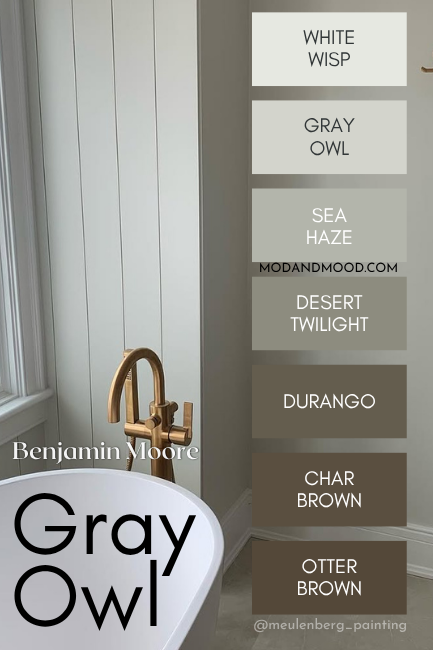 The Gray Owl color strip features colors from light to dark: White Wisp, Gray Owl, Sea Haze, desert Twilight, Durango, Char Brown, and Otter Brown, over a background of Gray Owl on a wall with white trim.