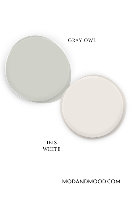 Paint dot swatch of Benjamin Moore Gray Owl with the same of coordinating Color Sherwin Williams Ibis White.