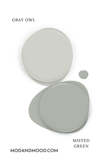 Paint dot swatch of Benjamin Moore Gray Owl with the same of coordinating Color Misted Green.