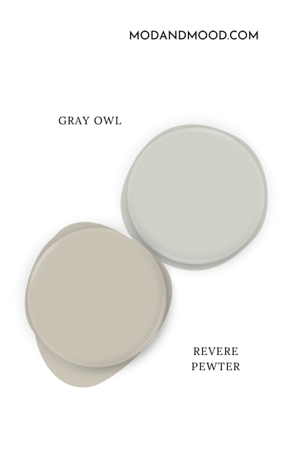 Paint dot swatch of Benjamin Moore Gray Owl with the same of coordinating Color Revere Pewter.