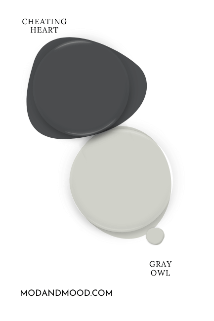 Paint dot swatch of Benjamin Moore Gray Owl with the same of coordinating Color Cheating Heart.