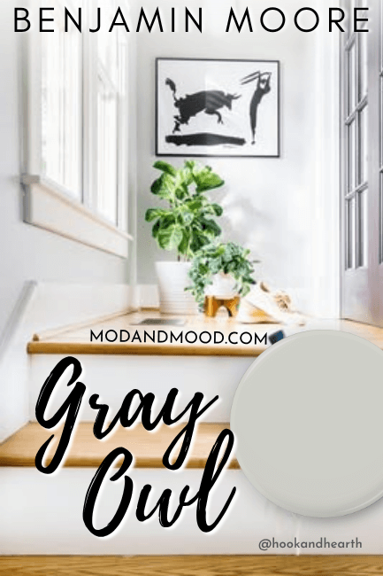 Benjamin Moore Gray Owl on walls in a stairwell with wooden floors and white trim.