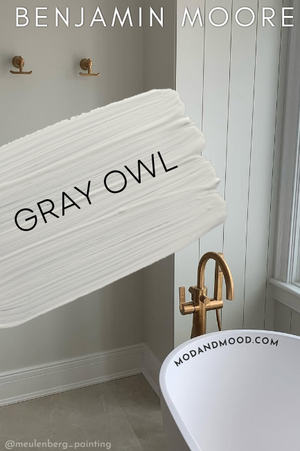 Benjamin Moore Gray Owl swatched over a photo of the color in a bathroom.