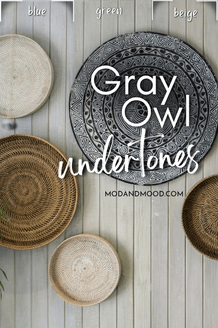 Graphic reads Gray Owl undertones over a background of Gray Owl on a panelled wall. One side shows the more blue undertones, the middle looks more green, and the right side is more beige.