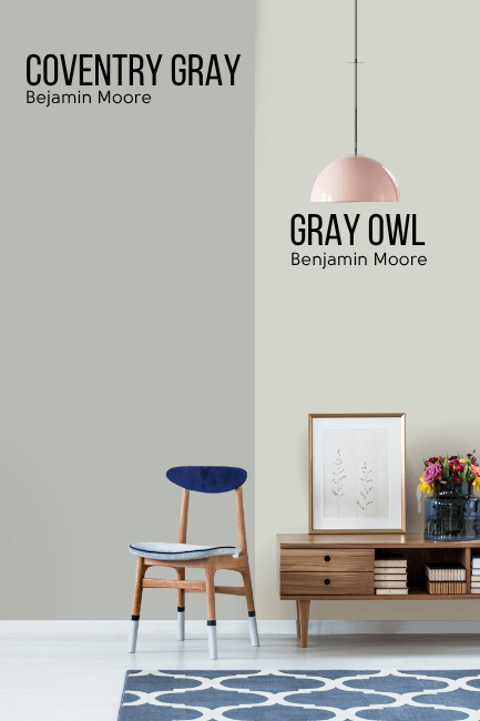 Benjamin moore coventry gray on half of a wall and Gray Owl on the other half behind a wood hall table and chair.