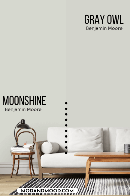 Benjamin Moore Moonshine vs Gray Owl. Each color on half of a wall in a living room with a white sofa in front.
