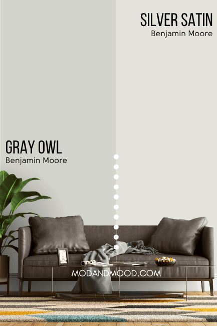 Benjamin moore Gray Owl on half of a wall and silver satin on the other half, behind a gray leather sofa.
