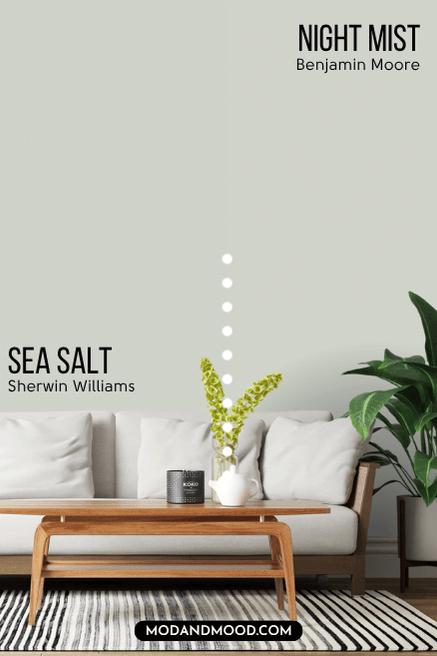 Benjamin Moore Night Mist on half of a wall and Sherwin Williams Sea Salt on the other half behind a white sofa with a wood frame.