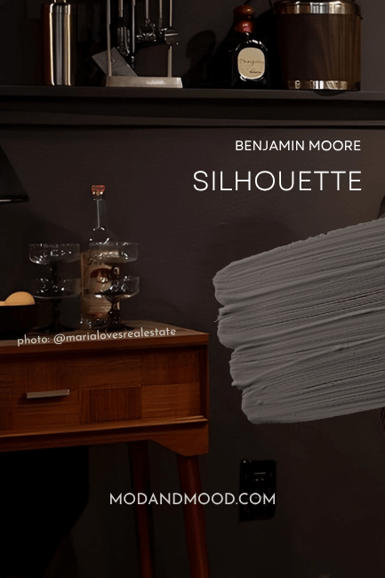Benjamin moore silhouette swatched over a photo of the same color on walls.