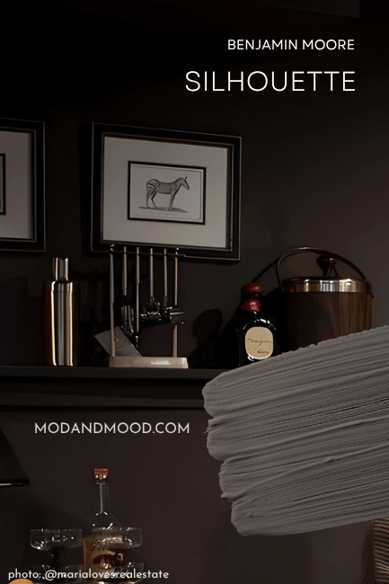 Benjamin Moore Silhouette swatched in paint over the color in a room color drenched in same