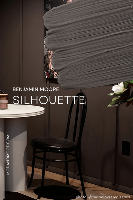 Benjamin Moore Silhouette swatched in paint over the color in a room color drenched in same