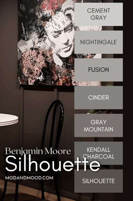 Benjamin Moore Silhouette  color strip features shades from light to dark: Cement Gray, Fusion, Cinder, Gray Mountain, Kendall Charcoal, and Silhouette over a background of silhouette on a wall.