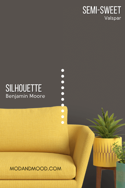 Benjamin Moore Silhouette on half of a wall behind a brown sofa and Valspar dupe semi-sweet on the other half.