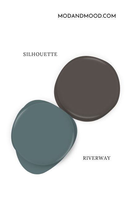 Paint dot swatch of Benjamin Moore Silhouette with the same of coordinating color Riverway.
