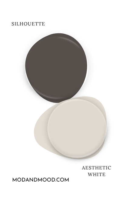 Paint dot swatch of Benjamin Moore Silhouette with the same of coordinating color Sherwin Williams Aesthetic White.