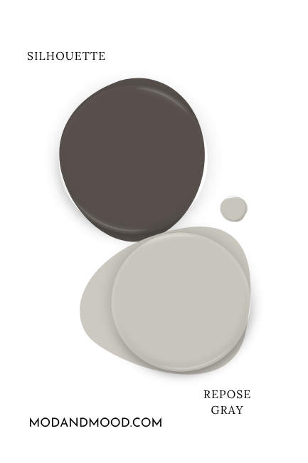 Paint dot swatch of Benjamin Moore Silhouette with the same of coordinating color Repose Gray.