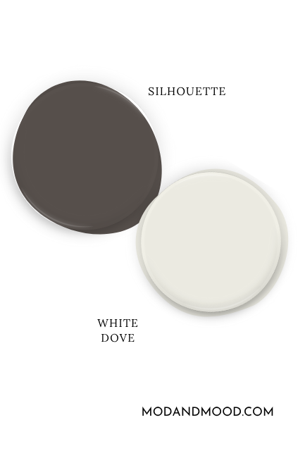 Paint dot swatch of Benjamin Moore Silhouette with the same of coordinating color White Dove.