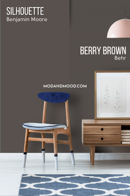 Benjamin Moore Silhouette on half of a wall and Berry Brown on the other half behind a wood console table and a wood chair with blue seat cushion.