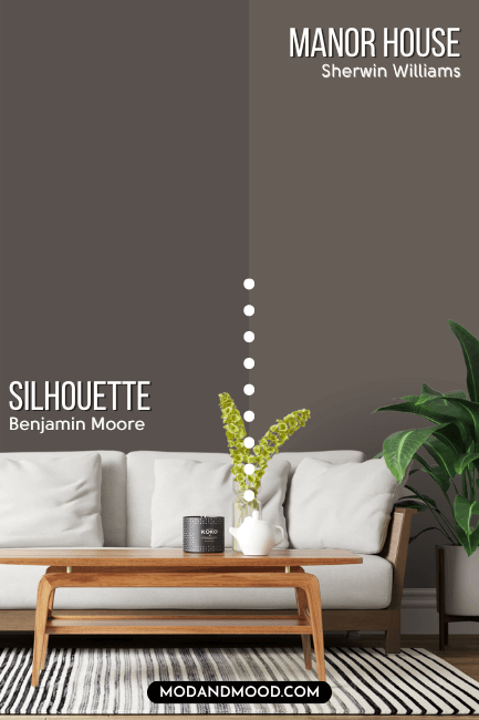 Benjamin Moore Silhouette on half of a wall and Sherwin Williams Manor House on the other half behind a white sofa with a wood frame.