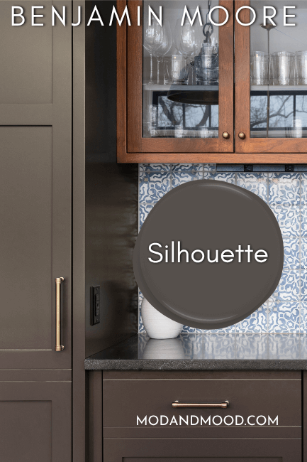 Benjamin Moore Silhouette on kitchen cabinets where the undertone is cooler with a swatch of the color over top