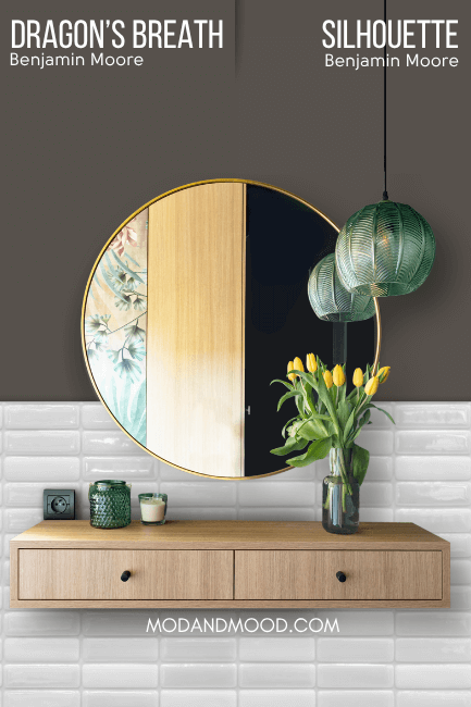 Benjamin Moore Silhouette on half of a wall and Dragon's Breath on the other half.