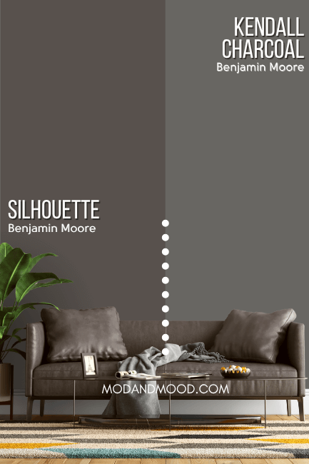 Benjamin Moore Silhouette on half of a wall and Kendall Charcoal on the other half behind a gray brown leather sofa.