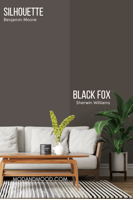 Benjamin Moore Silhouette on half of a wall and Sherwin Williams Black Fox on the other half behind a white sofa with a wood frame.