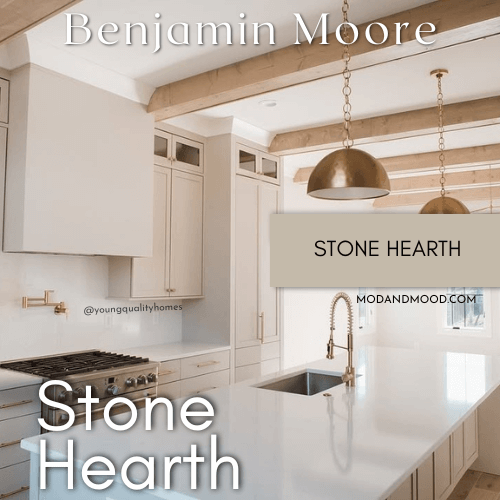 Benjamin Moore Stone Hearth on kitchen cabinets with a swatch of the color over top.