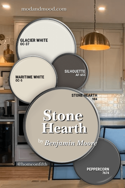 Color palette for Benjamin Moore Stone Hearth features Glacier White, Maritime White, Peppercorn, Silhouette, and stone hearth, all on paint lids over a background of the color on kitchen cabinets.