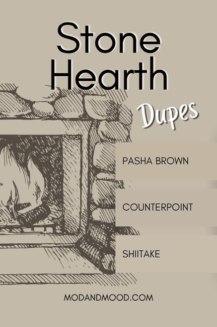 Swatches of dupes for Benjamin Moore Stone Hearth over a background of that color. Dupes are Pasha Brown, Counterpoint, and Shiitake.