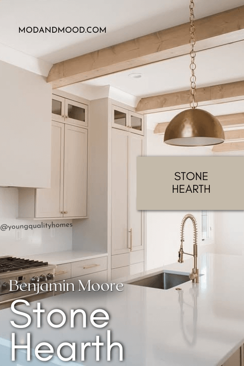 Benjamin Moore Stone Hearth on kitchen cabinets with a swatch of the color over top.