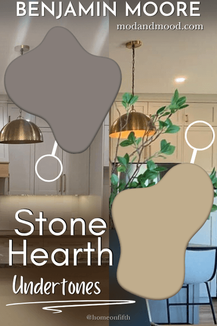 The undertones of Stone Hearth swatched over side by side photos of that color on cabinets in a kitchen. One side of the photo looks very beige and the other side has a cooler purple undertone.