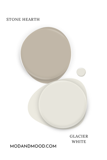 Paint dot swatch of Benjamin Moore Stone Hearth with the same of coordinating color Glacier White.