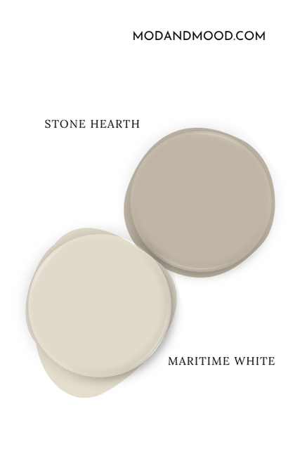 Paint dot swatch of Benjamin Moore Stone Hearth with the same of coordinating color Maritime White.