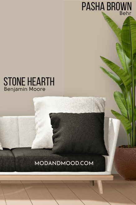Benjamin Moore Stone Hearth on half of a wall and Behr dupe Pasha Brown on the other half behind a white sofa