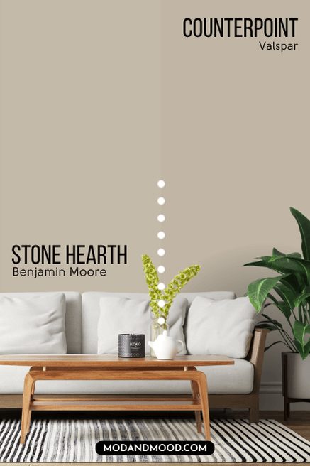 Benjamin Moore Stone Hearth on half of a wall and Valspar dupe Counterpoint on the other half behind a white sofa