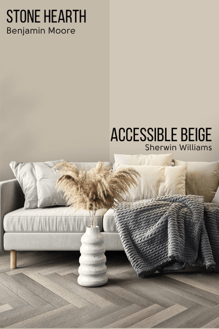 Benjamin Moore Stone Hearth on half of a wall and Sherwin Williams Accessible Beige on the other half behind a beige sofa