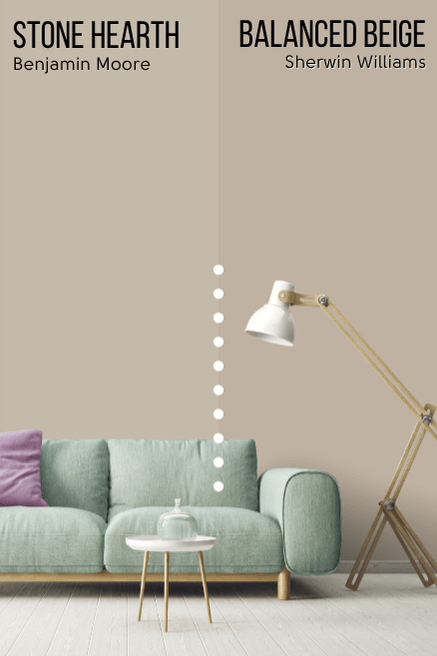 Benjamin Moore Stone Hearth on half of a wall and Sherwin Williams Balanced Beige on the other half behind a light green sofa