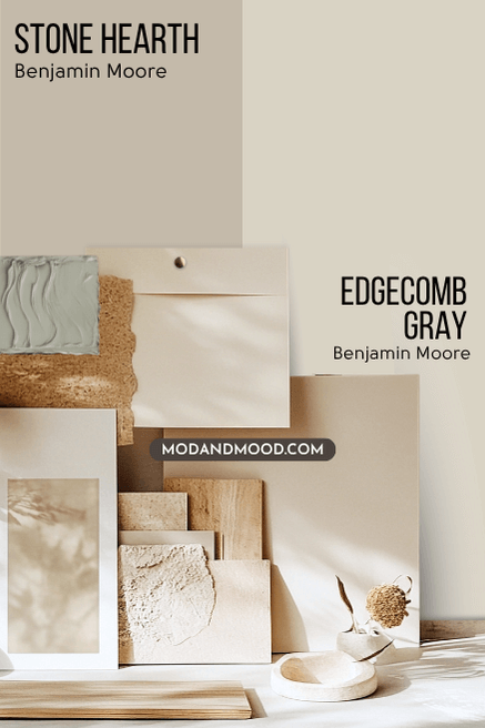 Benjamin Moore Stone Hearth on half of a wall and Benjamin Moore Edgecomb Gray on the other half behind a collage of neutral decor items