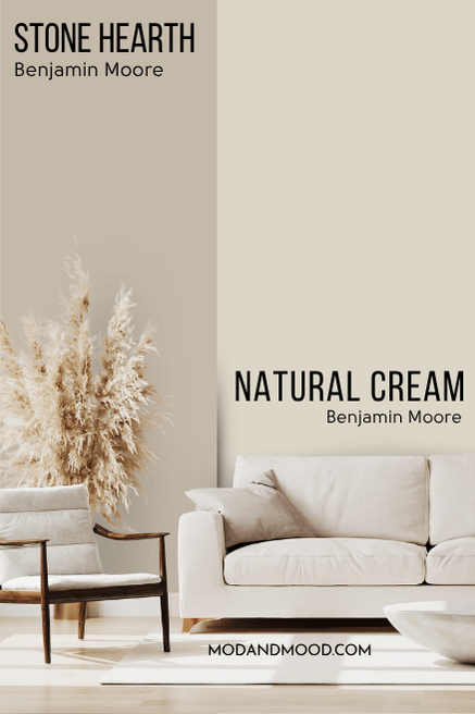 Benjamin Moore Stone Hearth on half of a wall and Natural Cream on the other half behind a beige sofa and large vase of pampas grass.