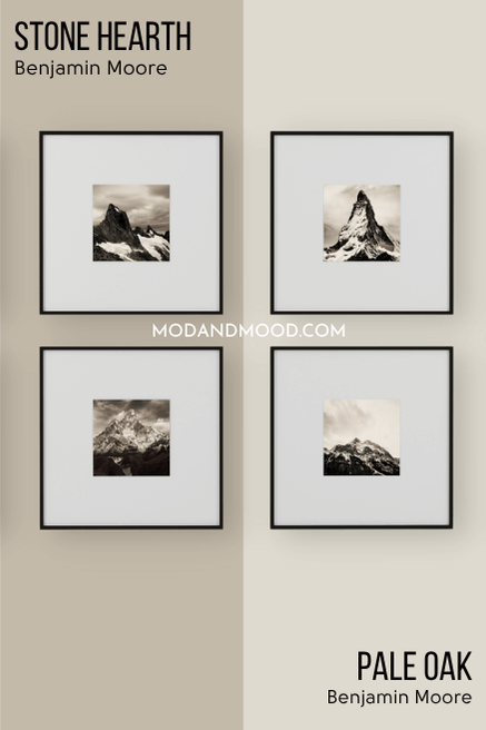 Benjamin Moore Stone Hearth on half of a wall and Pale Oak on the other half behind four black and white frames in a gallery wall.