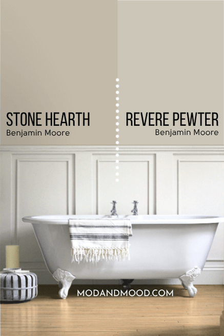 Benjamin Moore Stone Hearth on half of a wall and Revere Pewter on the other half behind a clawfoot tub with wainscoting on the lower half of the wall.