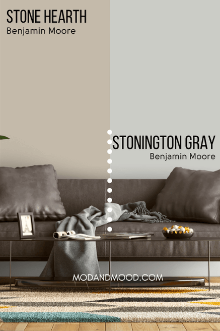 Benjamin Moore Stone Hearth on half of a wall and Stonington Gray on the other half behind a gray leather sofa